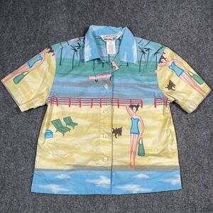 Weekend Traffic Shirt Mens Small Beach Scene Blue Yellow Cotton Camp Button‎ Up